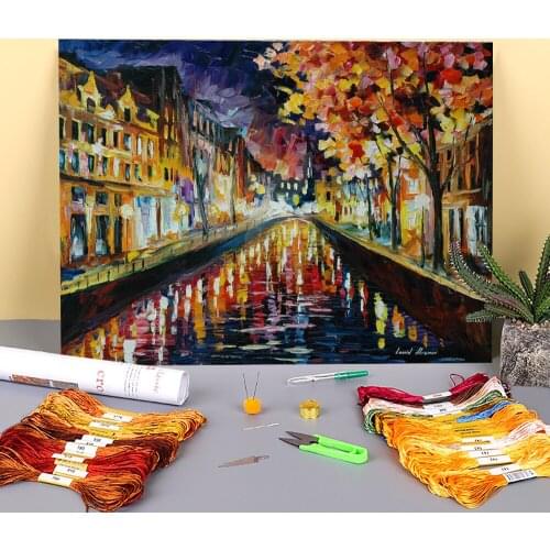 Amsterdam Night Printed Fabric 11CT Cross Stitch Embroidery Full Kit DMC Threads Painting Knitting Craft Needlework Counted