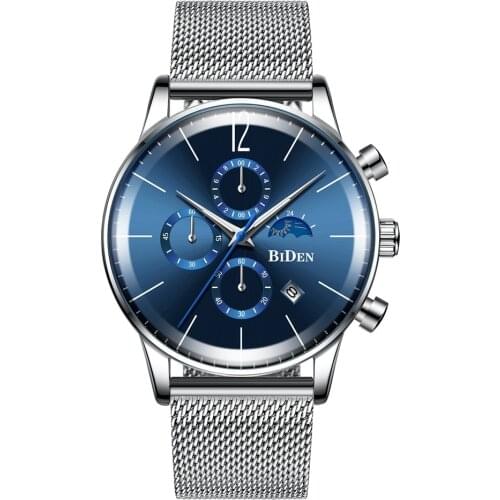 Fashion Men Sport Watch Blue Silver Chronograph Calendar Casual Business Quartz Men Watch Waterproof Stainless Steel Mesh Strap