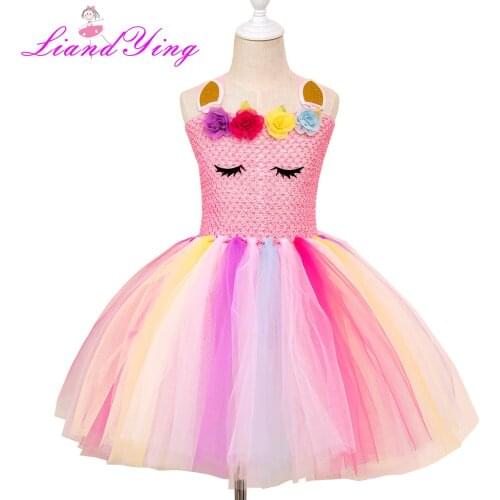 Children Dress Unicorn Birthday Tutu Dress for Girls Unicorn Dress Crochet Top Pastel Clothing Kids Christmas Vestidos