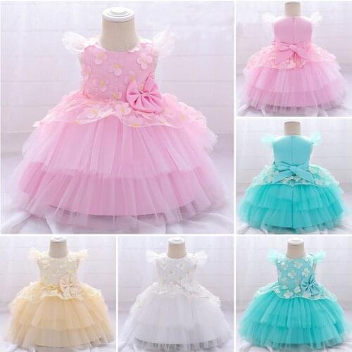 Baby Girl Dress Fly Sleeve applique 1 Year Birthday Flower Princess Dress for Baby Baptism Party Wedding Dress Toddler Children