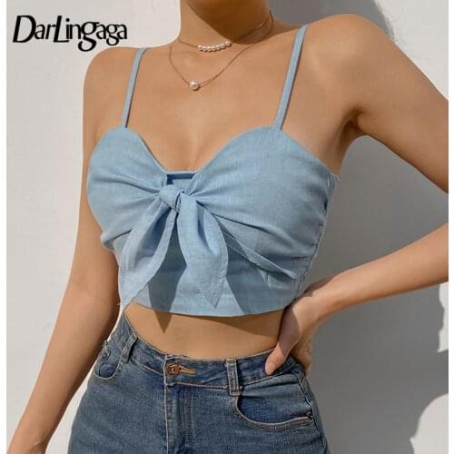Darlingaga Strap Cute Lace Up Bow Denim Crop Top Women Backless Solid Sexy Top Cami Korean Harajuku Summer Tops Mini Ruched New
