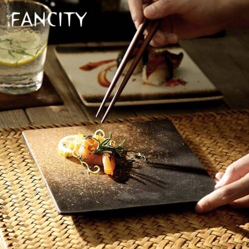 FANCITY Square dish dish color glaze flat dish BBQ dish grilled wing dish skewers barbecue dish saury ceramic dish tableware