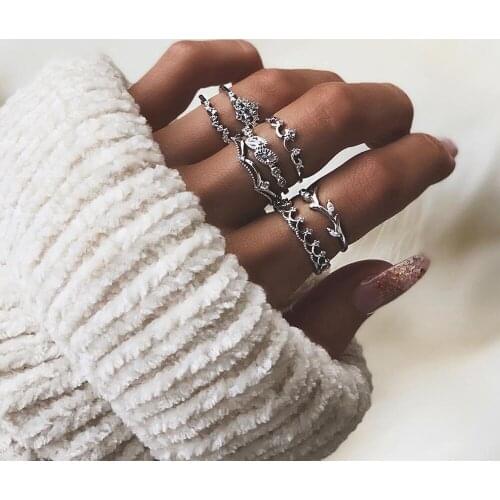 7 Pcs/Set Bohemian Fashion Crystal Leaf Geometric Crown Zircon Silver Color Joint Ring Set Women Charm Party Jewelry Gift