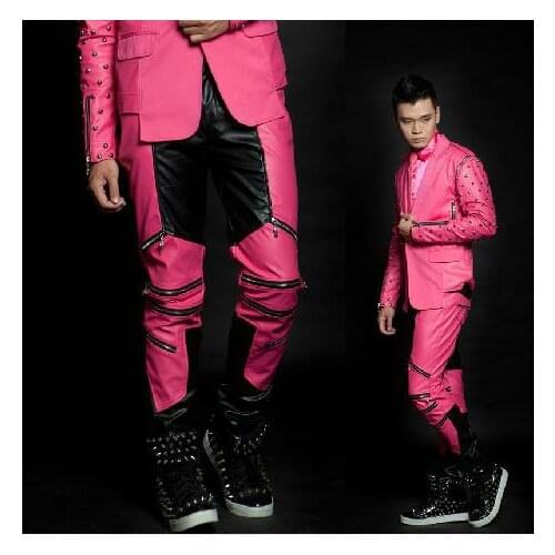 Red black splice rivet leather pants men hip-hop 1 pants man singer stage leather trousers splice mens pants Provide custom