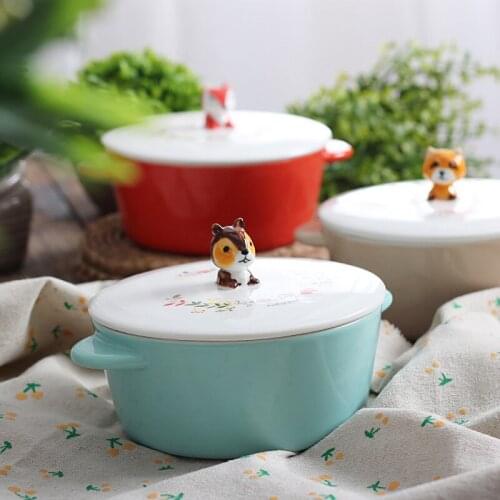 Cartoon Animal Instant Noodles Bowl Porcelain Soup Pot With Lid Big Capacity Food Container Tableware Lovely Baking Bowl 1set