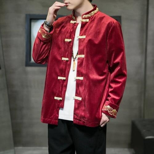 2021 Autumn Mens Casual Corduroy Jacket Men Chinese Style Embroidery Jacket Male Loose Buckle Tang Suit Improved Hanfu