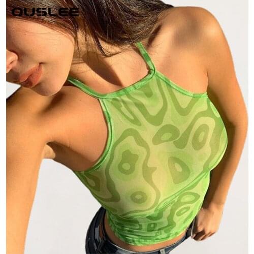 OUSLEE 2021 Fahsion Print Halter Y2K Aesthetic Top Women Tube Vest Cropped Camis Crop Tops Girls Sleeveless Fluorescent Tank Top