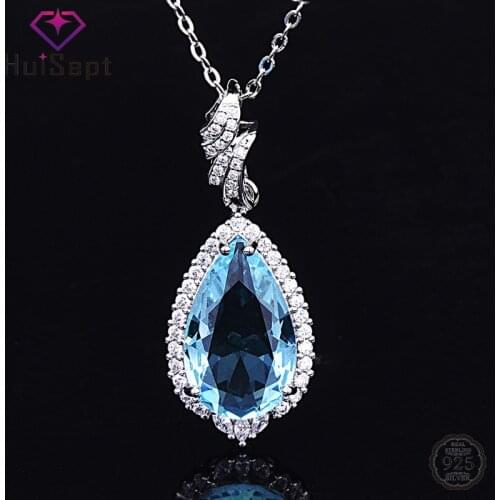 HuiSept 925 Silver Necklace for Women Water Drop Shape Sapphire Zircon Gemstone Pendant Elegant Jewellery Wedding Gift Wholesale