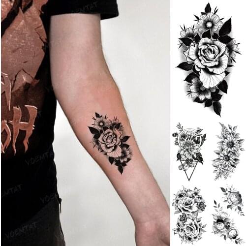 Waterproof Temporary Tattoo Sticker White Rose Black Leaf Tatoo Realistic Body Art Arm Shoulder Small Tatto Man Woman Tattoos