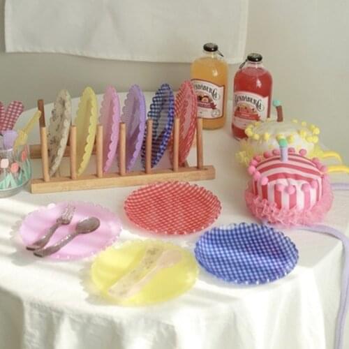 1pcs Retro Plastic Dessert Tray Plaid Plates Floral Printed Decorative Fruit Cake Plate Wedding Birthday Party Decor Photo Props