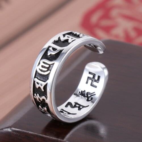 Silver Plated Vintage Buddha Tibetan Six Words Mantra Rings For Women Lucky Opening Rings Buddhist Jewelry B0196