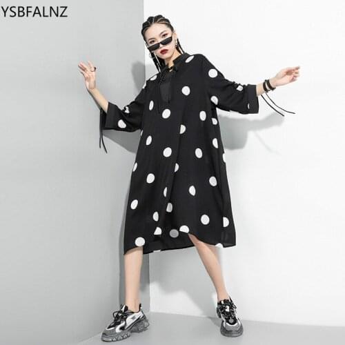 Dot Print Chiffon Drawstring Loose Black Plus Size Women Half Dress Irregular 2020 Summer Stand Knee-Length Befree Casual New