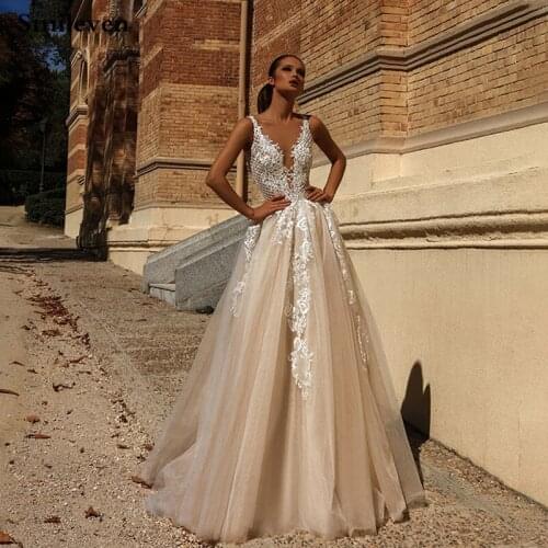 Smileven Champagne Wedding Dress A Line Lace Princess Bride Dresses Backless Puff Tulle Wedding Gowns Vestido De noiva