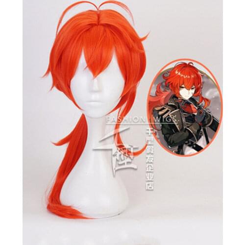 Genshin Impact Diluc Cosplay Long Red Wig Cosplay Anime Cosplay Wigs Heat Resistant Synthetic Wigs Halloween