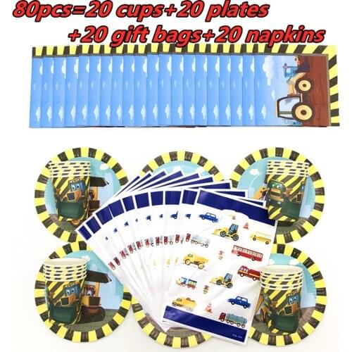 Birthday Party Decoration Kids Boy Car Disposable Tableware Cup Plate Flag Bags Napkins Construction Vehicle Party Supplies Set