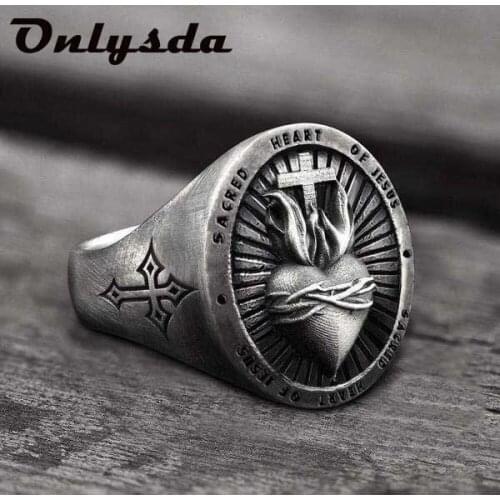 Unique 316L Stainless Steel Ladies Mens Biker Punk Sacred Heart Of Jesus God Ring Cross Amulet Punk Jewelry Party Gift OSR607