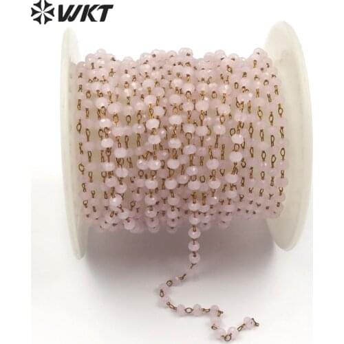 WT-RBC055 Wholesale Beautiful cute crystal pink chain Natural angel stone gold trim High qulaity pink beads chain for jewelry