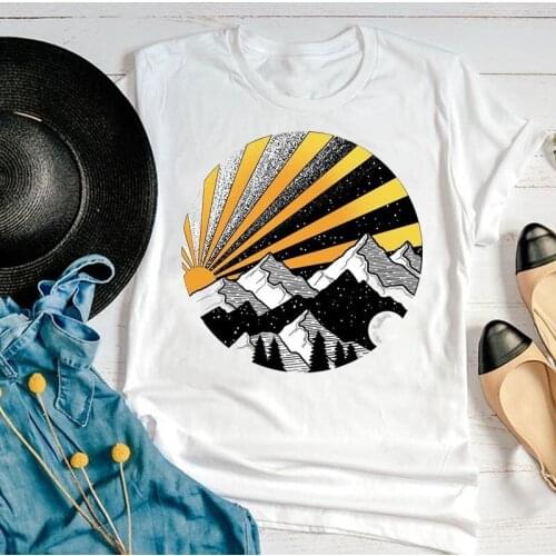 Women Graphic Cartoon Striped Mountain Cute 90s Fashion Short Sleeve Summer Print Female Clothes Tops Tees Tshirt T-Shirt