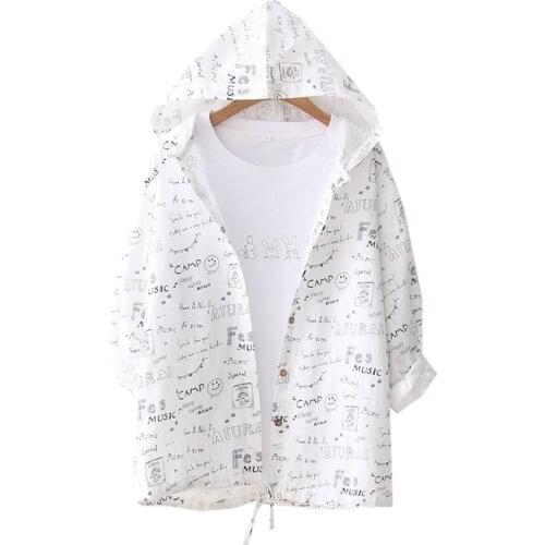 Womens Thin Coat 2019 Spring Autumn Short Jacket Letter Cartoon Hooded Long-Sleeved Jacket Women Summer Sun Protection Clothing