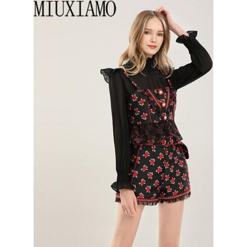 MIUXIMAO 2021 Spring Summer Womens Wear New Retro Printed Lace Stitching Long Sleeve Shirt+ Shorts Set Two-piece Set Vestido