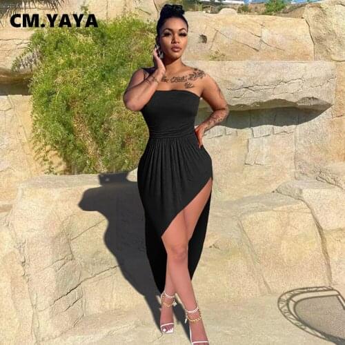 CM.YAYA Women Dress Solid Sleeveless Strap Asymmetrical Midi Long Maxi Dresses Sexy Night Clubwear Summer Outfits Streetwear