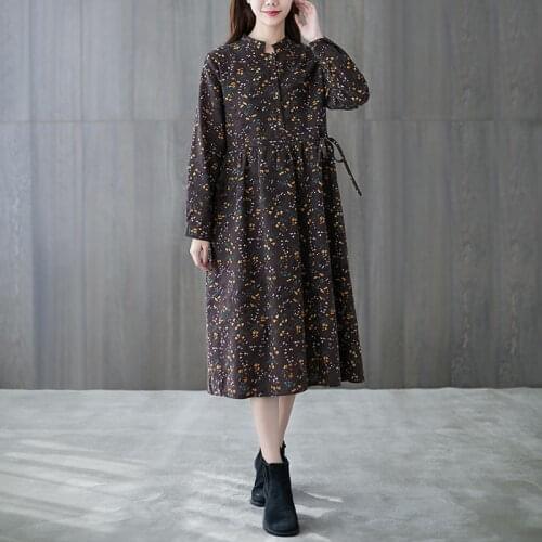 2021 New Arrival Vintage Autumn Blouse Dress Print Floral Draw String Slim Office Lady Work Dress Women Casual Spring Midi Dress