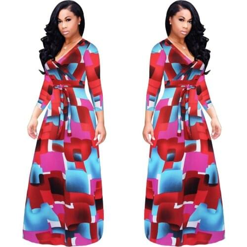 S-5XL High Quality New Fashion 2017 Designer Maxi Dress Womens long Sleeve deep v neck Printed Celebrity Party Long Dress 973
