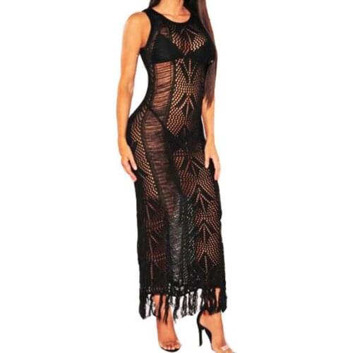 Beach Backless Women Long Dress Lace Embroidery One-step Hollow Out O-Neck Knit Tassel Perspective Sleeveless Women Basic Dress