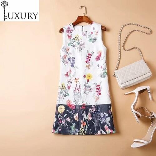 Summer Sleeveless 2020 Spring Style Women O-Neck Vintage Jacquard Floral Print Diamond Beading Slim Fitted Dress Lolita