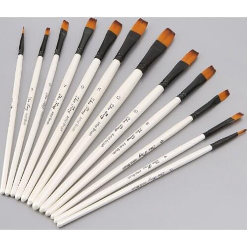 12Pcs Artist Paint Brush Set Nylon Bristles Watercolor Acrylic Oil Painting Slant Flat Round Pointed Pen Tip Wood Handle Art