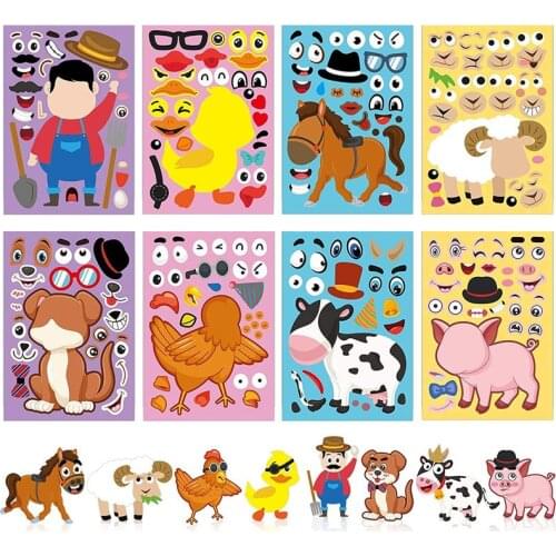 8 Sheets Puzzle Games Kids DIY Stickers Funny Make A Face Dinosaur Animal Monsters Cartoon Craft Sticker Training Education Toys