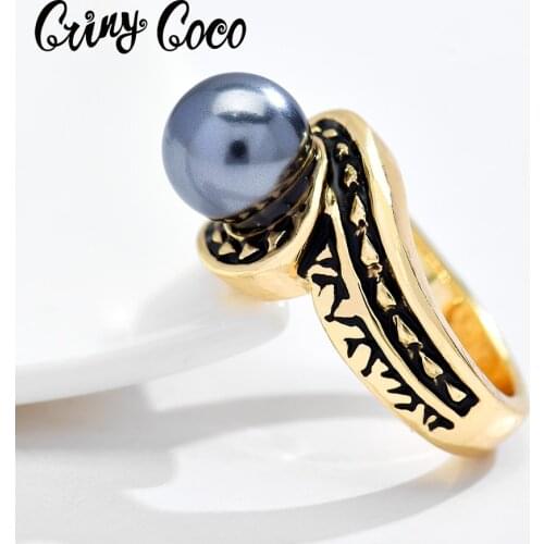 Cring Coco Trendy Black Pearl Rings Female Size 6-12 Ring Fashion Hawaiian Polynesian Anniversary Finger Jewelry Gift for Women