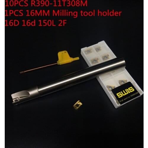 10PCS R390 11T308M + 1PCS D16mm Milling tool holder Carbide Insert cnc tools milling cutter face milling R390-11T308
