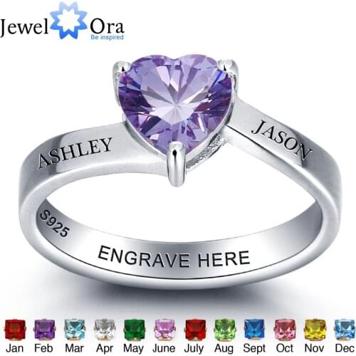 Personalized 925 Sterling Silver Heart Birthstone Ring DIY Jewelry For Couples Customize Name Ring Best Gift (JewelOra RI101975)