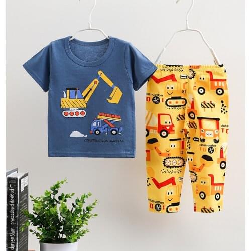 Childrens Homewear 2Pcs Set Boy Girl Kids Short-Sleeved T-shirt and Pants Cotton Pajamas Sleepwear Set