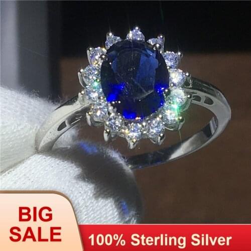 Royal Jewelry Princess Diana 100% Real Silver color ring Blue 5A Zircon Cz Engagement wedding band rings for women Bridal