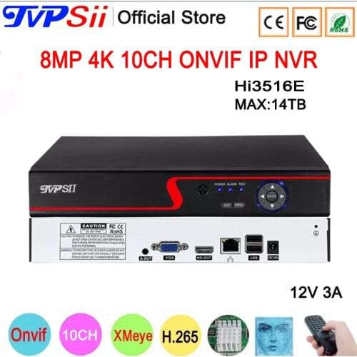 Red Panel 12V 3A Hi3536E XMeye Audio Max 14TB H.265+ 8MP 4K 10CH 10 Channel Face Detection Onvif WIFI CCTV DVR NVR System