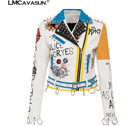 LMCAVASUN Rivet Pu Leather Bomber Jacket Women Punk Leopard And Letter Print Short Slim Locomotive Pu Leather Coat For Woman