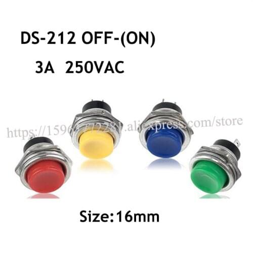 Mini push button switch DS-212 OFF-(ON) 3A 250VAC 16mm Rocker Switch red yellow blue green Round toggle switch 100PCS