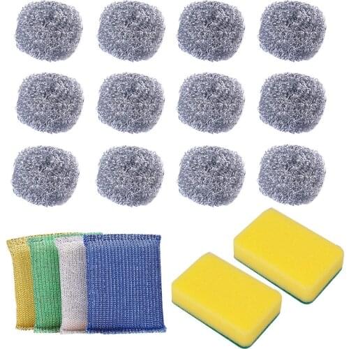 12Pcs Steel Wire Cleaning Ball Set Household Sponges Scrubbers Stainless Steel Pot Washing Kitchen Cleaning Supplies