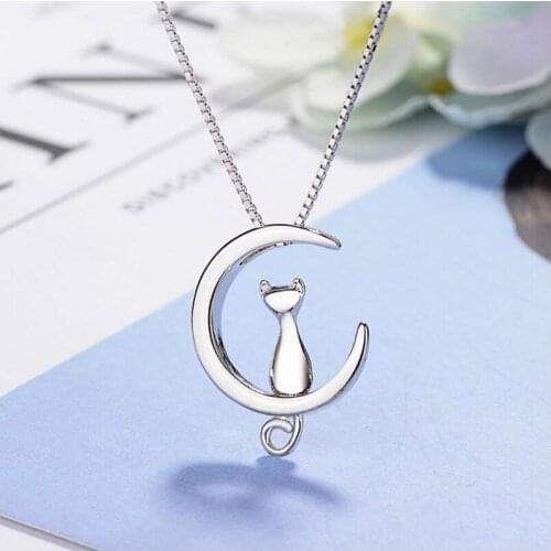 925 Sterling Silver Cute Cat On The Moon Pendant Necklace For Women Girls Fashion Jewelry Gifts Wholesale S-N187