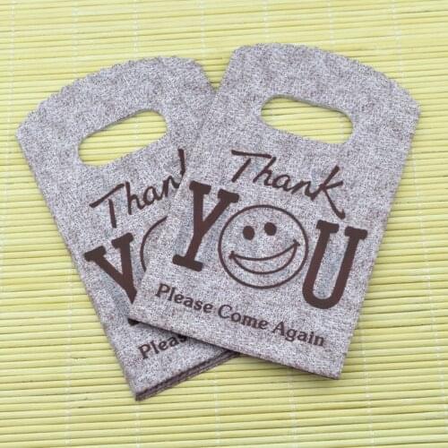 150pcs/lot 9*15cm "Thank You" Design Coffee Plastic Gift Bag Small Jewelry Pouches Charms Jewelry Packaging Bags With Handle