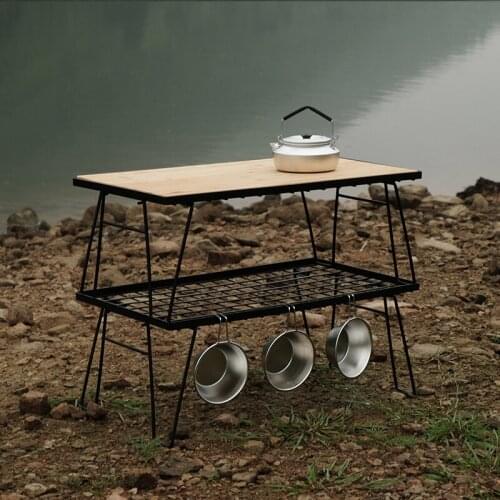 Outdoor Camping Portable Folding Mesh Table Glamping Picnic Fishing Iron Steel Desk with Bamboo Board Coffee Side Table Teapoy