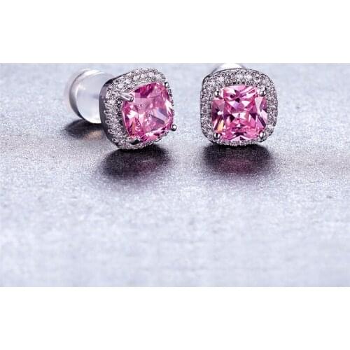 Luxury Bride Birthstone Earrings Elegant Pink Crystal Stone Earrings White Square Zircon Stud Earrings For Women Wedding Jewelry