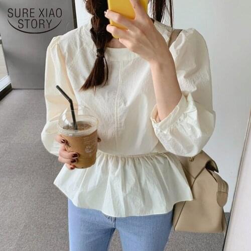 Long Sleeve Shirt Women Tops Blouses O-neck Blouse Apricot Solid Ruffle Sashes Casual Women Clothes 2021 Chemisier Femme 10102