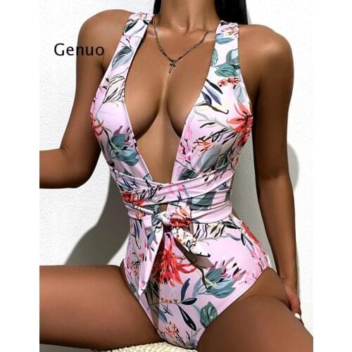 Sexy Deep V Neck Ruffle Swimsuit Lady 2021 Halter Backless Monokini Peplum Thong One Piece Swimwear Women Swim Bath Suit Trikini
