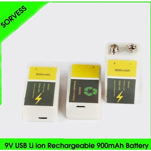 SORVESS 9V 6F22 USB Rechargeable Li-ion Battery 900mAh Lithium Ion Li ion Cell For wireless Microphone Guitar EQ Smoke Alarm