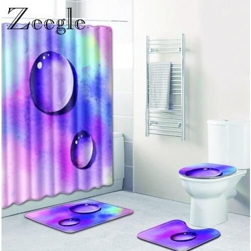 Zeegle 3D Water Printed Bathroom Mat Set with Shower Curtain Non-slip Toilet Doormat Floor Rug Colorful Mat for Bathroom Decor