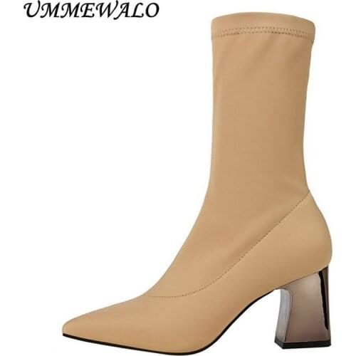 UMMEWALO Pointed Toe Lycra Stretch Sock Boots Women Fashion High Heel Shoes Elastic Ankle Boots Winter Ladies Shoes
