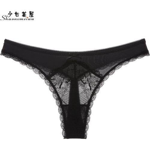 Shaonvmeiwu French lace sexy transparent thong see-through T pants thin style large size black women low waist